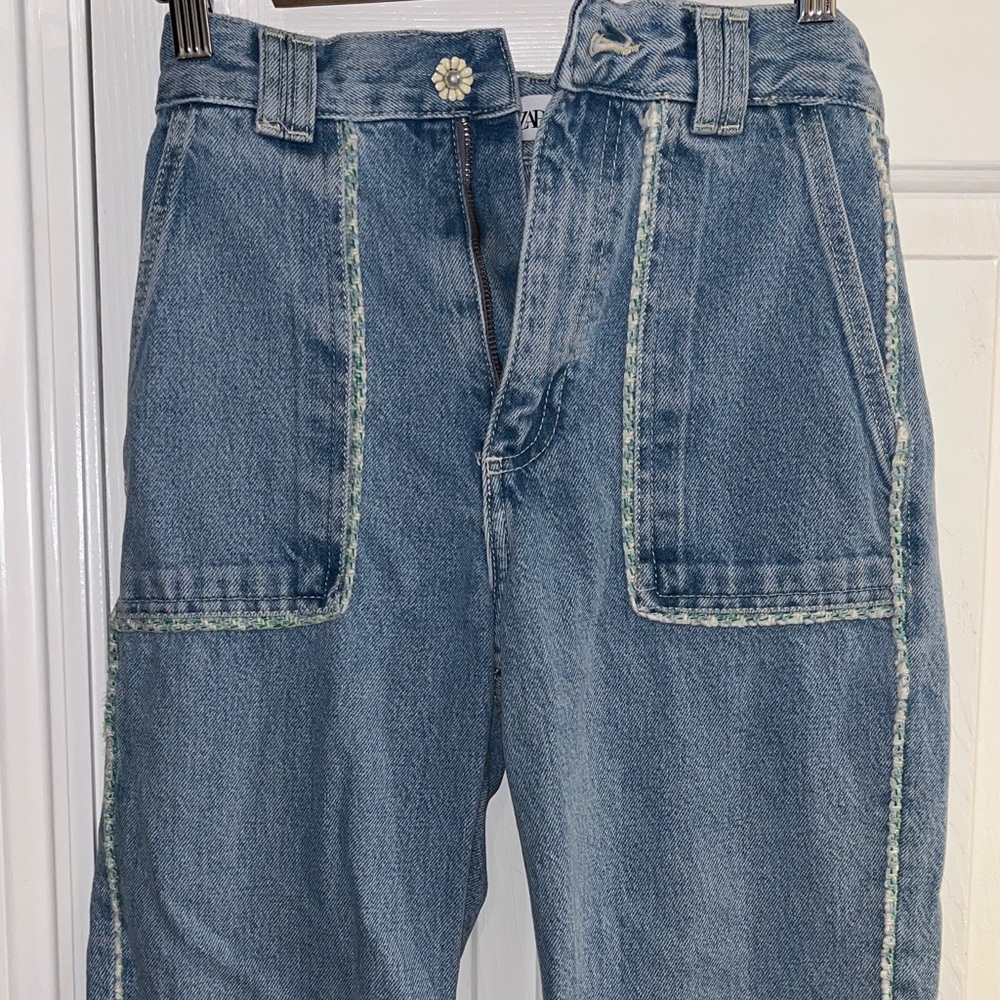 Zara Tweed Trim Boyfriend Jeans